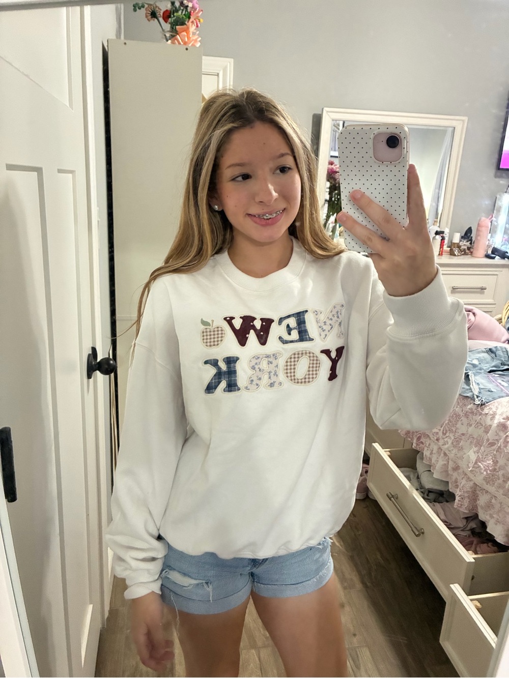 Hollister White Crewneck Sweatshirt with 'New York' Appliqué